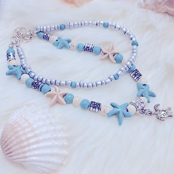 Beach Vibes Beaded Double Layered Turquoise StarFish & SeaTurtle Charm Bracelet - Picture 8 of 13